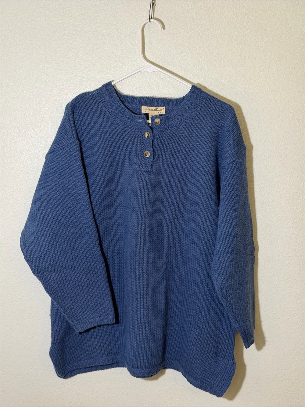 Vintage Eddie Bauer Knit Sweater Wool Blue Women’s Sz L 90’s Hong Kong Buttons